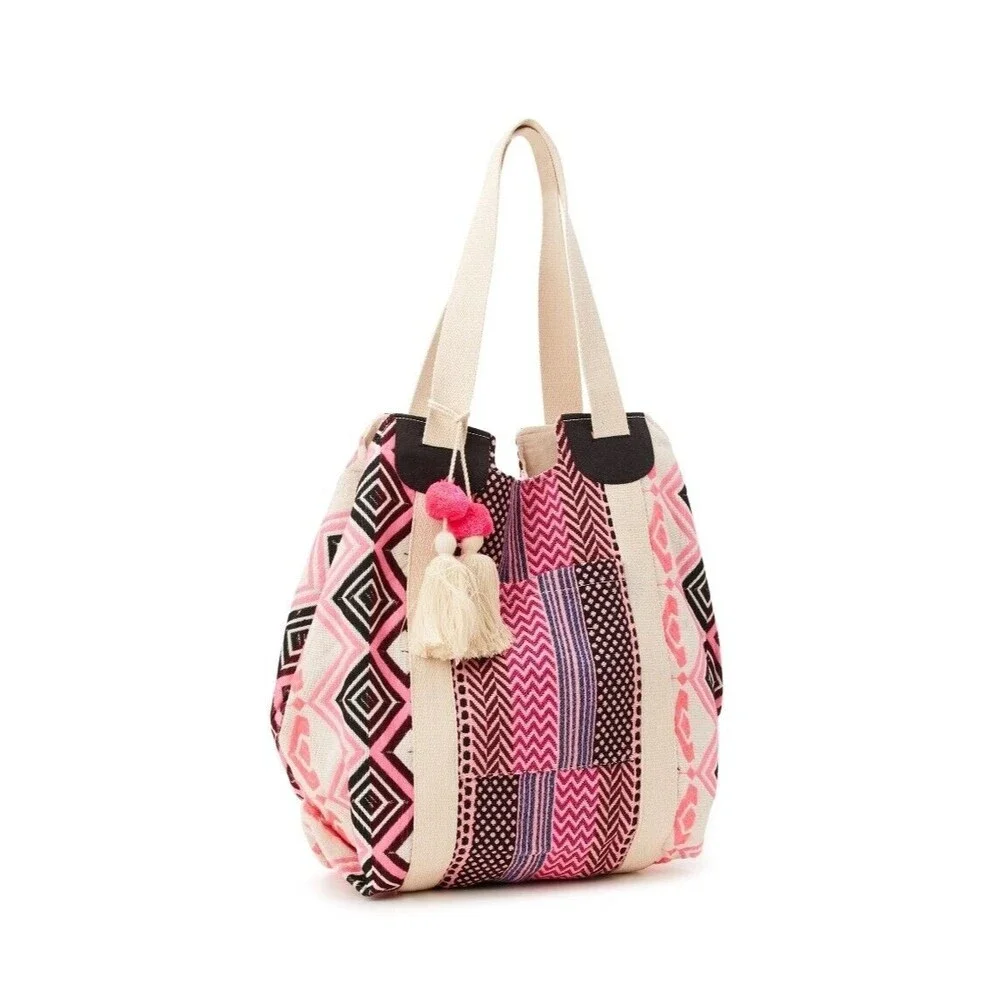 Woven Boho Beach Tote Handbag w/ Tassel Large 19x19" Pink Cream No Boundaries - Picture 2 of 4